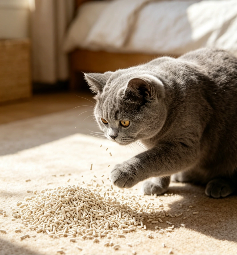 cat playing with tofu litter