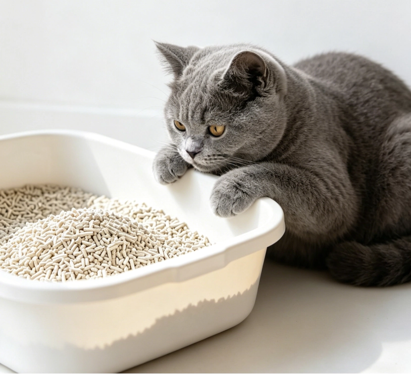 gray cat with tofu litter