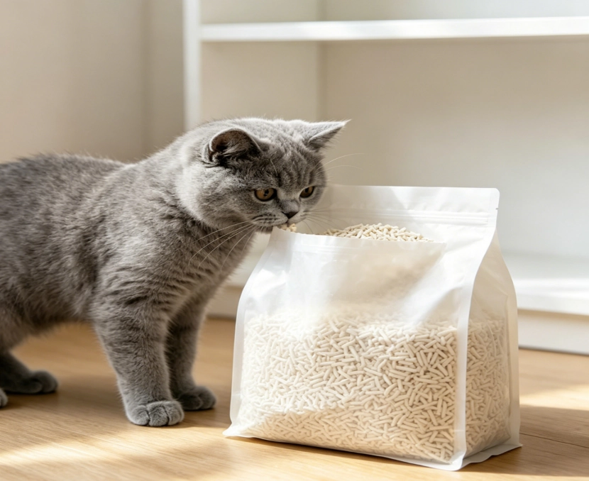 cat sniffing tofu litter bag