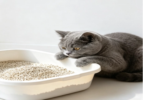 a cat looking at the litter