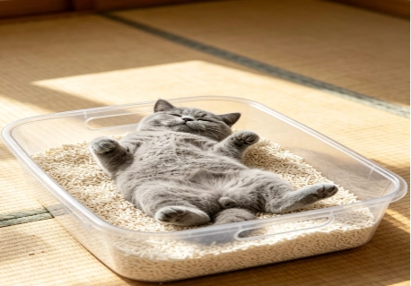 cat lying on the litter