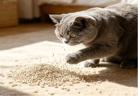 a cat playing the tofu cat litter